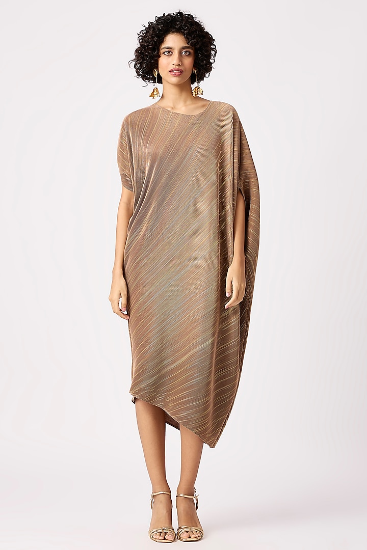 Taupe & Gold Polyester Pleated Midi Dress by Scarlet Sage