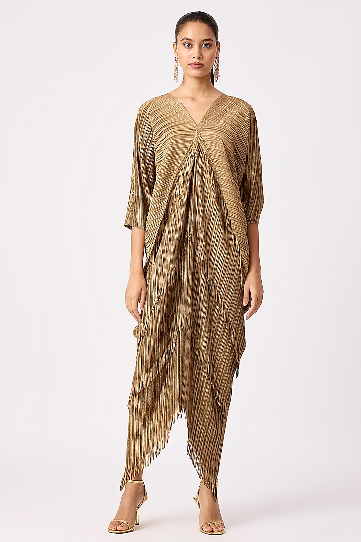 Dark Gold Polyester Fringed Midi Dress by Scarlet Sage