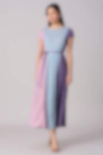 Blue & Purple Polyester Midi Dress With Belt by Scarlet Sage