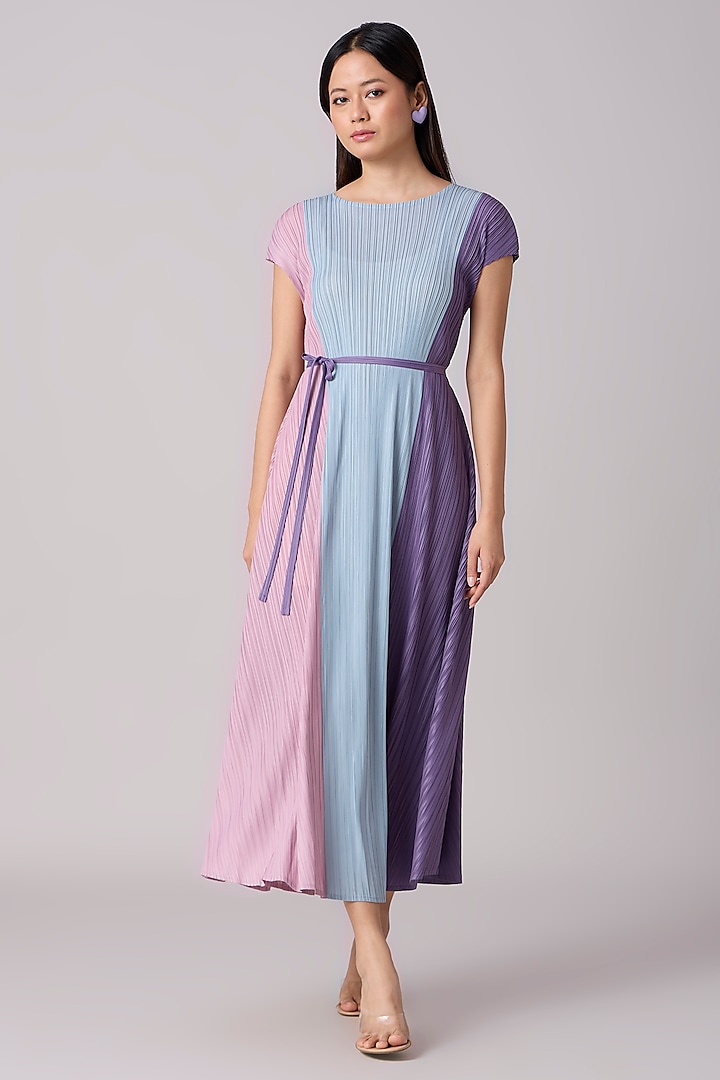 Blue & Purple Polyester Midi Dress With Belt by Scarlet Sage