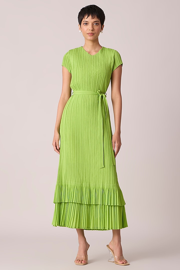 Bright Green Polyester Midi Dress With Belt by Scarlet Sage