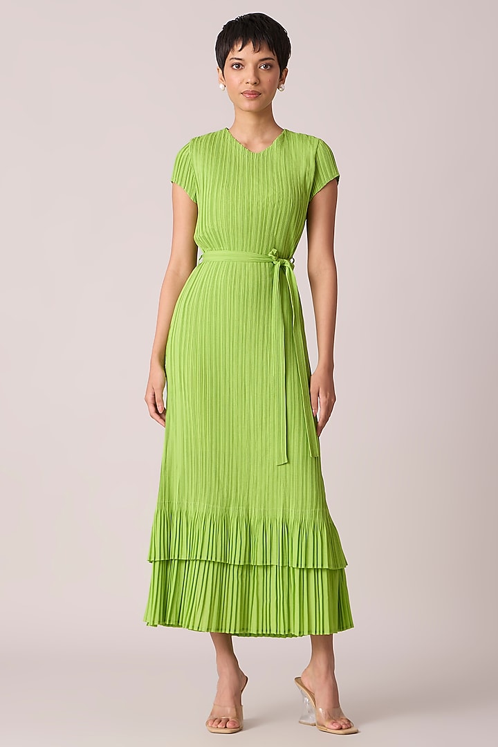 Bright Green Polyester Midi Dress With Belt by Scarlet Sage at Pernia's Pop Up Shop