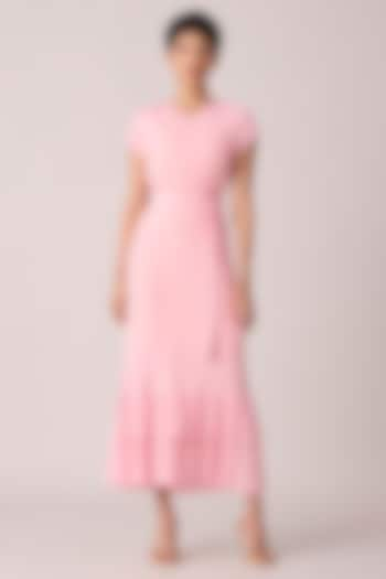 Pink Polyester Midi Dress With Belt by Scarlet Sage at Pernia's Pop Up Shop