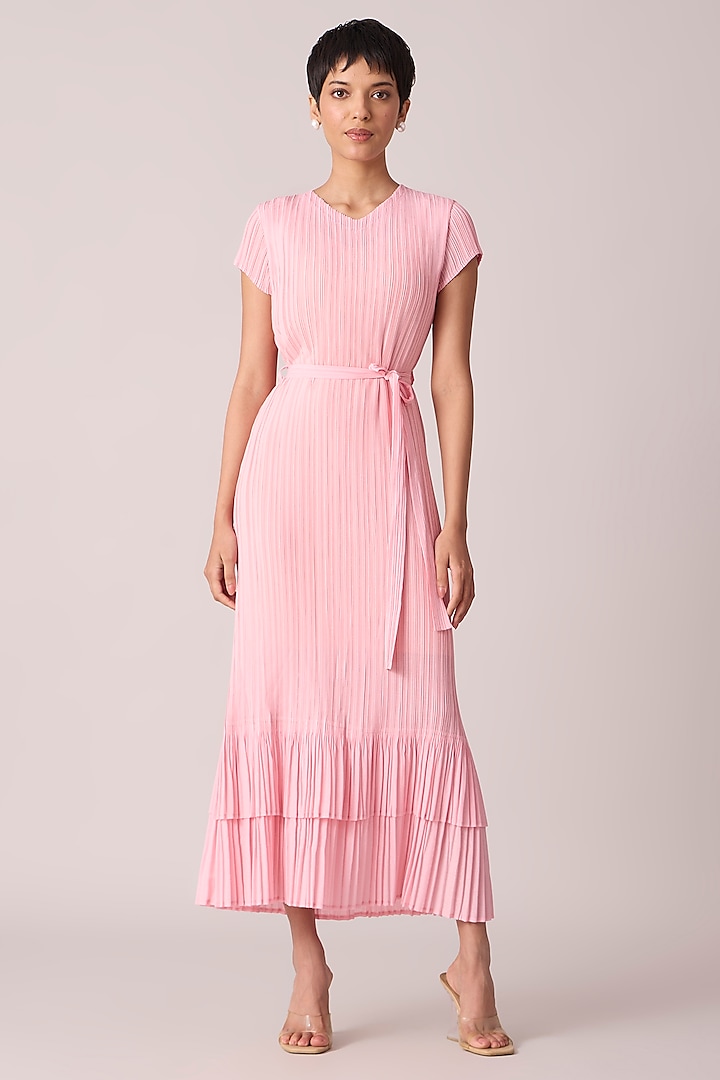 Pink Polyester Midi Dress With Belt by Scarlet Sage at Pernia's Pop Up Shop