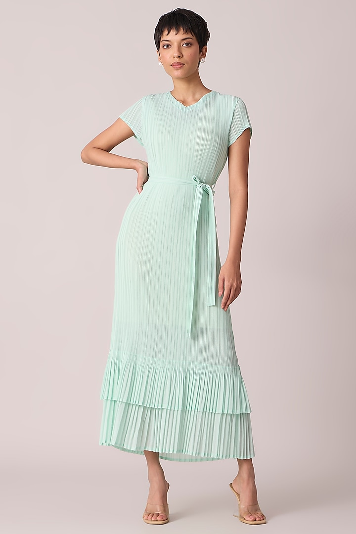 Mint Polyester Midi Dress With Belt by Scarlet Sage