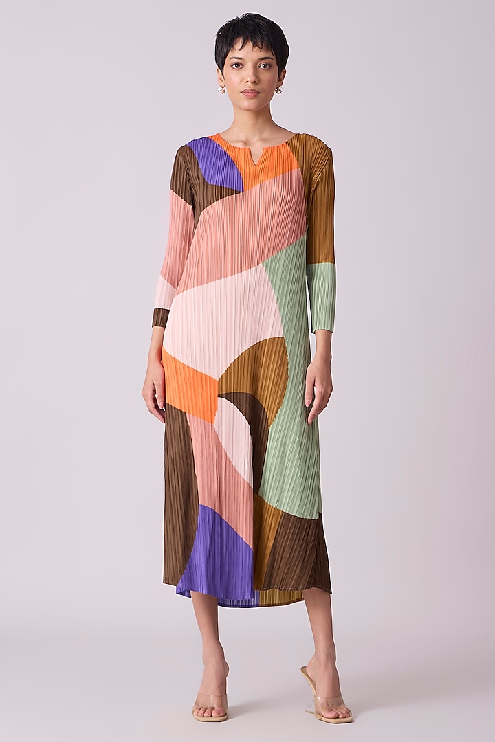 Multi-Colored Polyester Abstract Midi Dress by Scarlet Sage