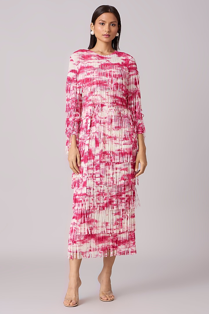 Ivory & Pink Polyester Midi Dress by Scarlet Sage