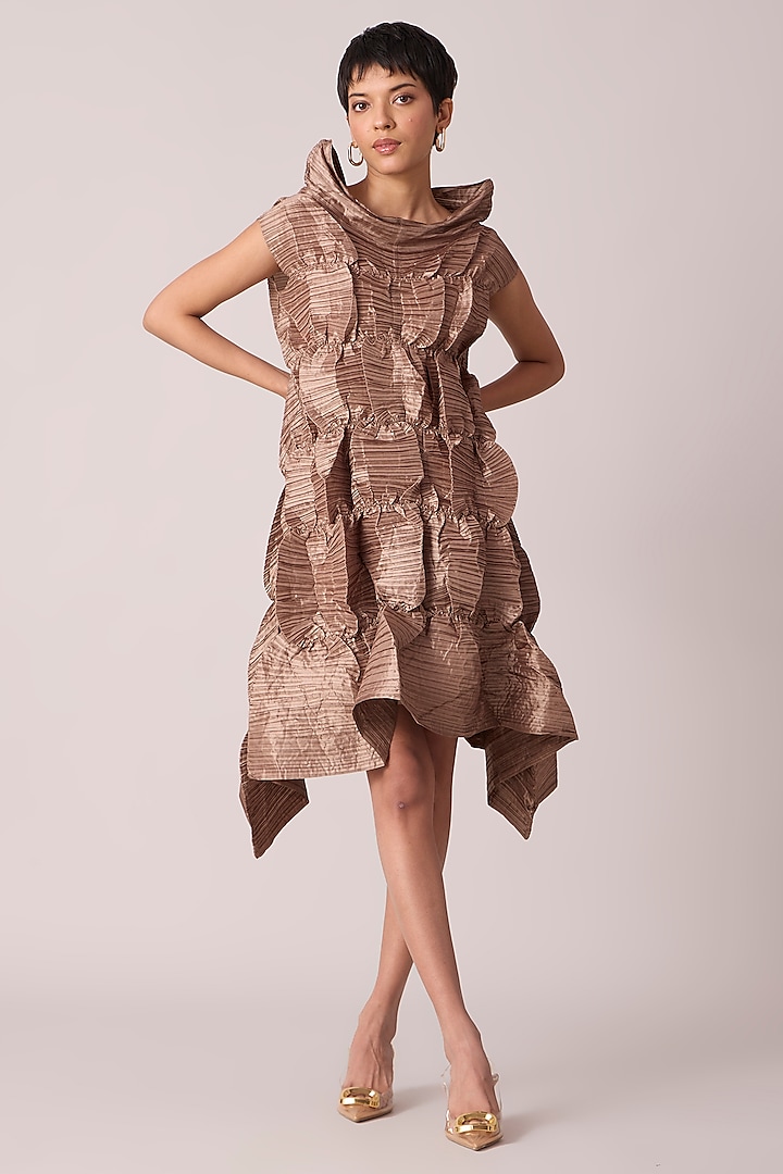 Gold Taupe Polyester Knee-Length Dress by Scarlet Sage
