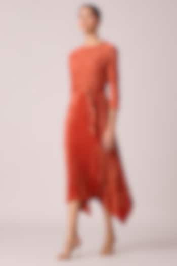 Rust Orange Satin Pleated Midi Dress With Belt by Scarlet Sage