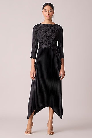 Black Satin Pleated Midi Dress WIth Belt by Scarlet Sage