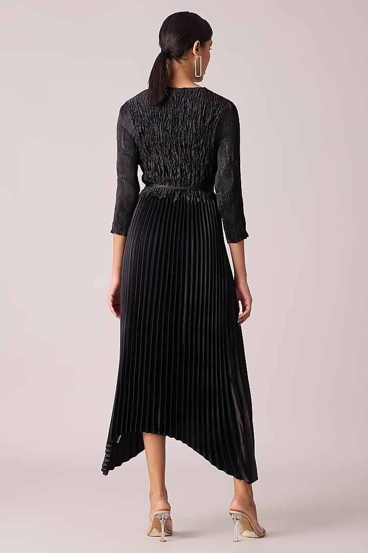 Black Satin Pleated Midi Summer Dress WIth Belt by Scarlet Sage at Pernia's Pop Up Shop