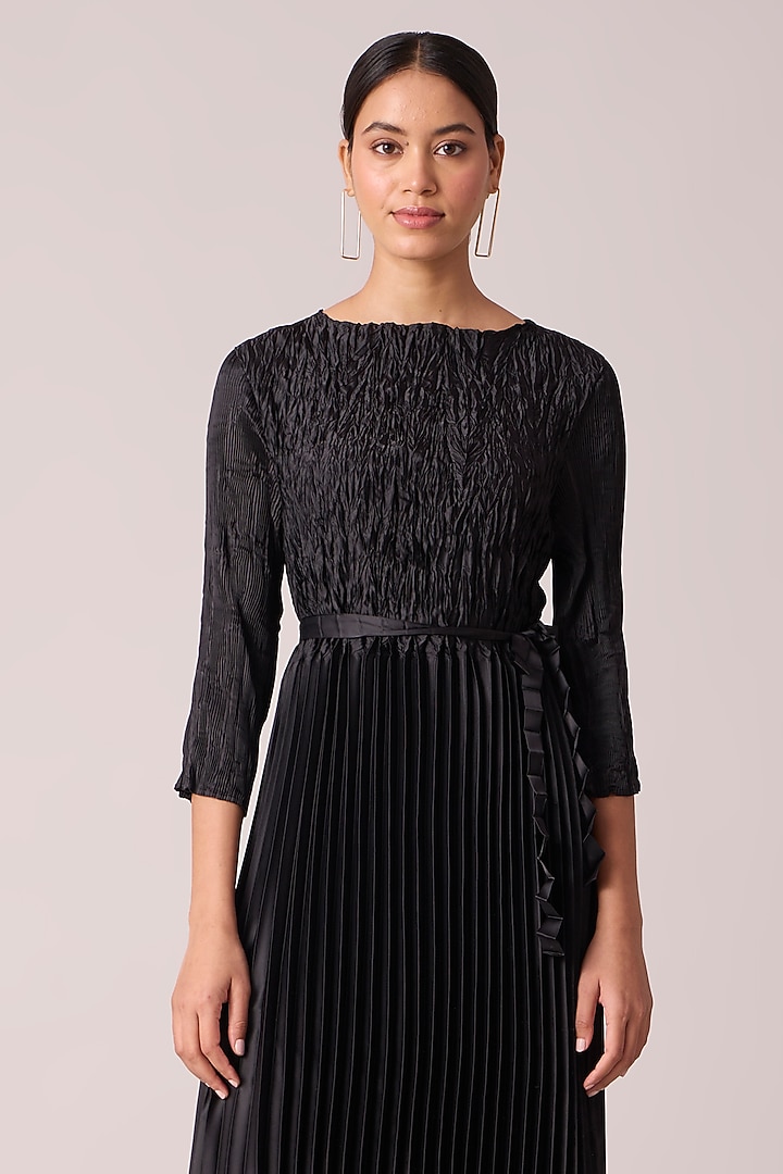 Black Satin Pleated Midi Dress WIth Belt by Scarlet Sage at Pernia's Pop Up  Shop 2026