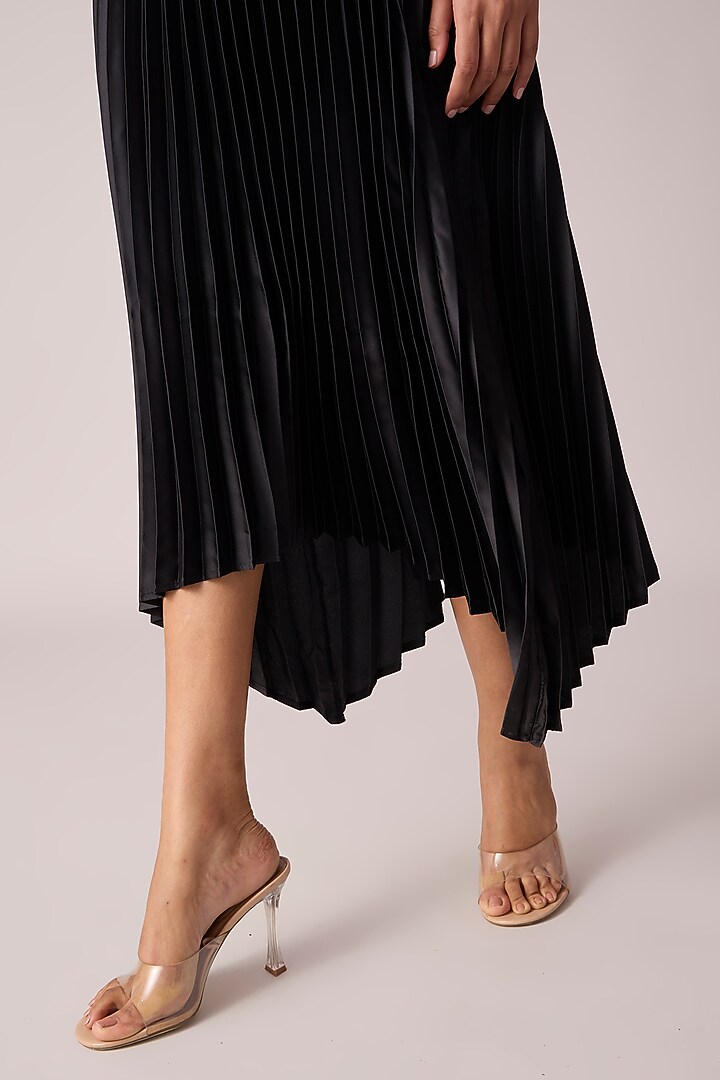 Black Satin Pleated Midi Summer Dress WIth Belt by Scarlet Sage at Pernia's Pop Up Shop