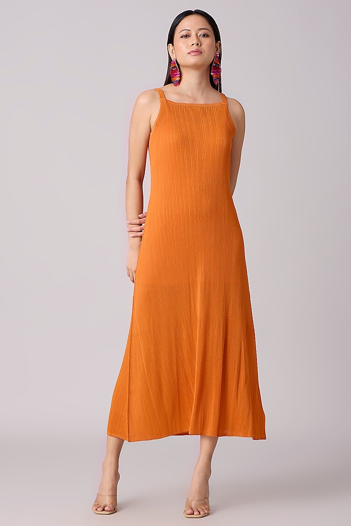 Orange Polyester Pleated Midi Dress by Scarlet Sage