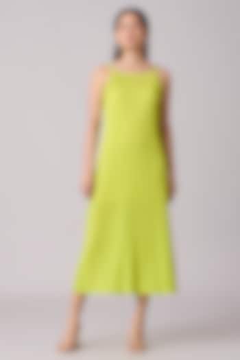 Lime Polyester Pleated Midi Dress by Scarlet Sage