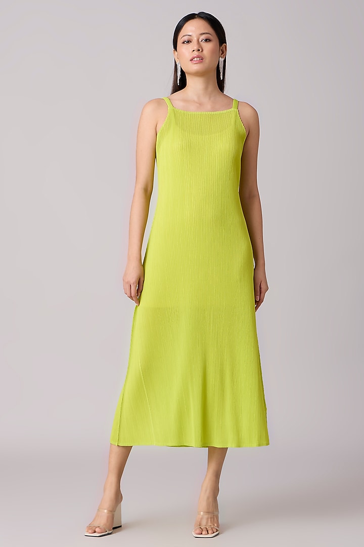 Lime Polyester Pleated Midi Dress by Scarlet Sage at Pernia's Pop Up Shop