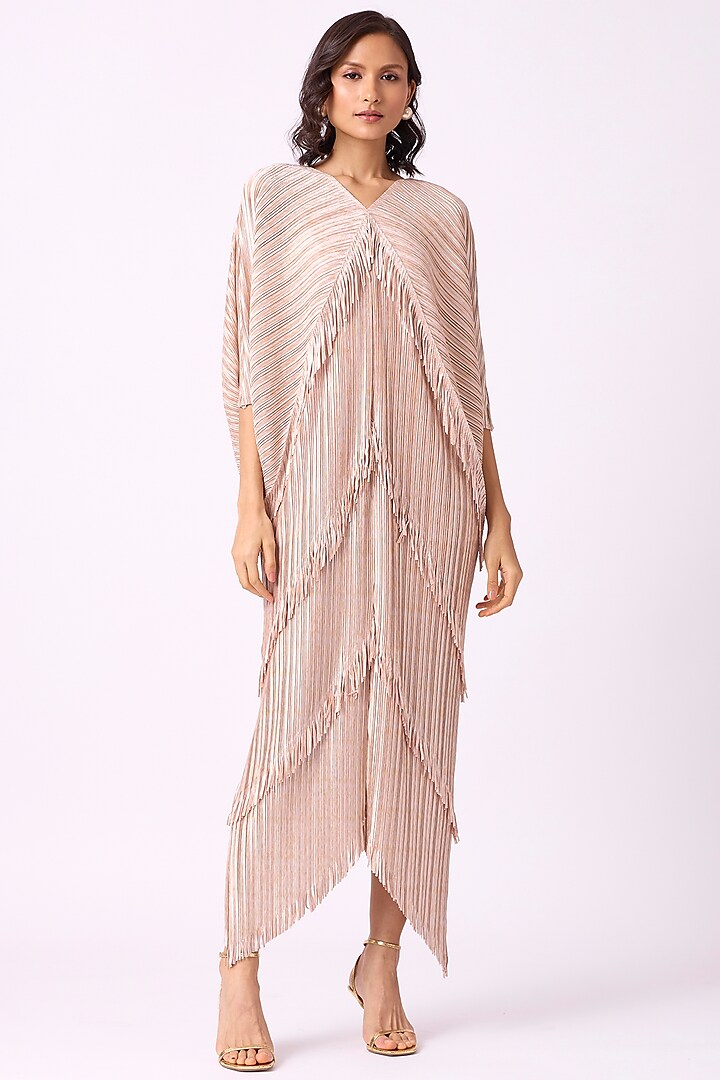 Metallic Nude Beige Polyester Fringed Maxi Dress by Scarlet Sage