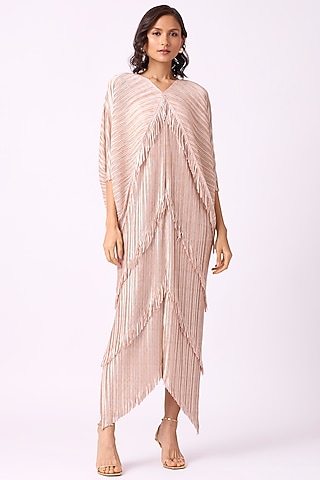 Metallic Nude Beige Polyester Fringed Maxi Dress by Scarlet Sage