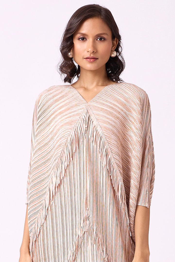 Metallic Nude Beige Polyester Fringed Maxi Summer Dress by Scarlet Sage at Pernia's Pop Up Shop