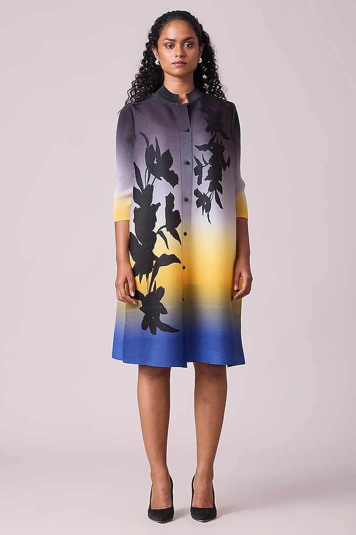 Black & Blue Ombre Polyester Floral Printed A-Line Dress by Scarlet Sage