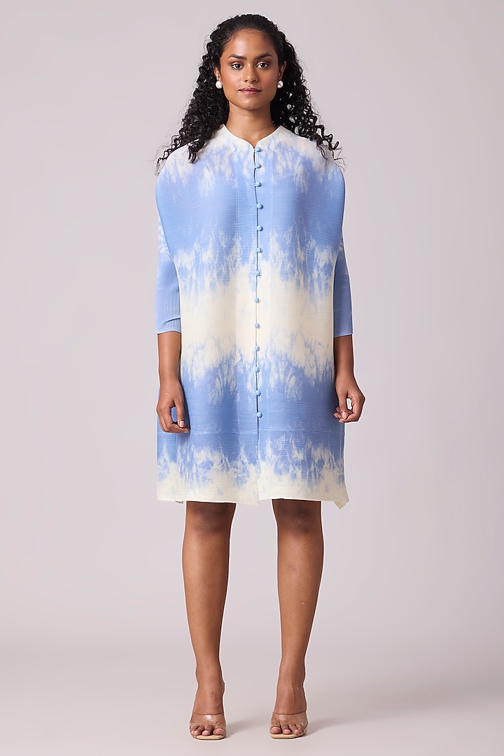 Blue & Off-White Polyester Marble Printed Dress by Scarlet Sage
