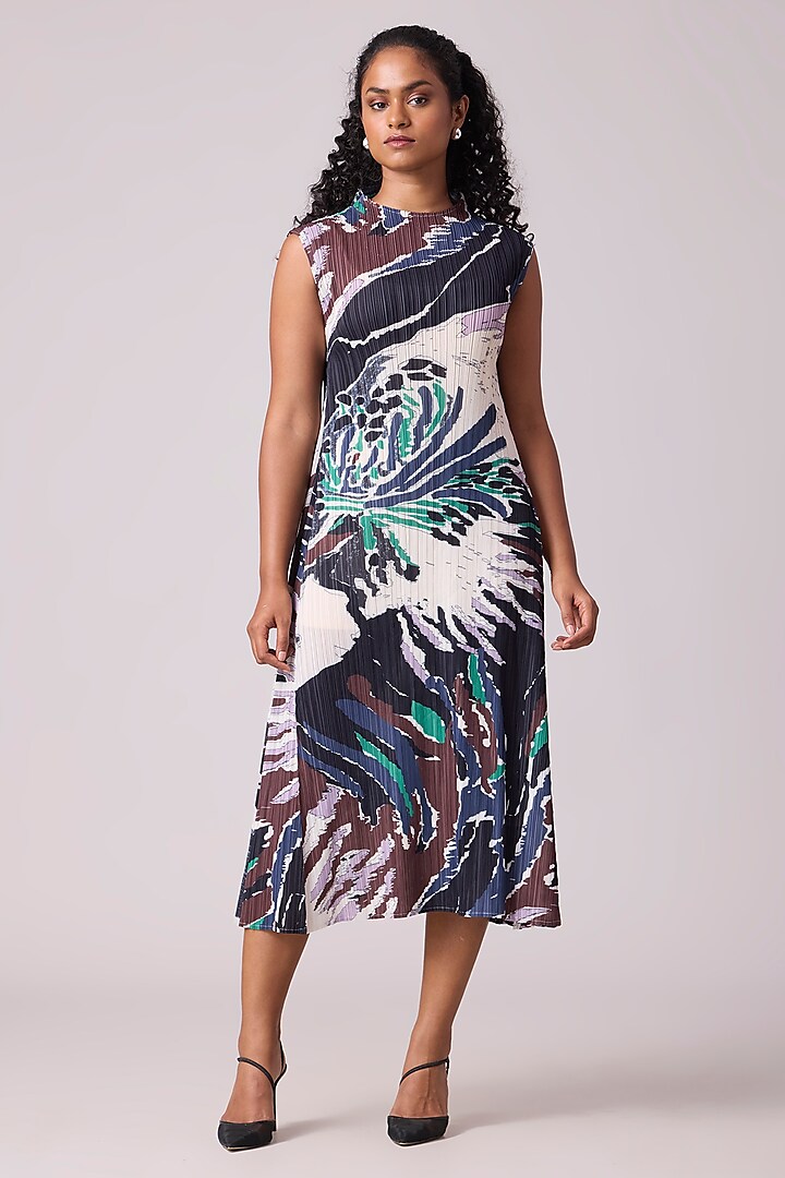 Black Polyester Marble Printed A-Line Dress by Scarlet Sage