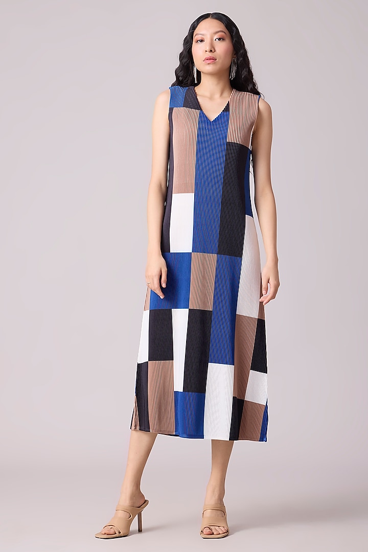 Blue Polyester Geometric Printed A-Line Dress by Scarlet Sage