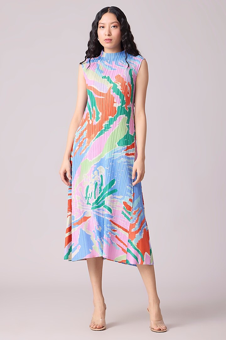 Orange Polyester Marble Printed A-Line Dress by Scarlet Sage