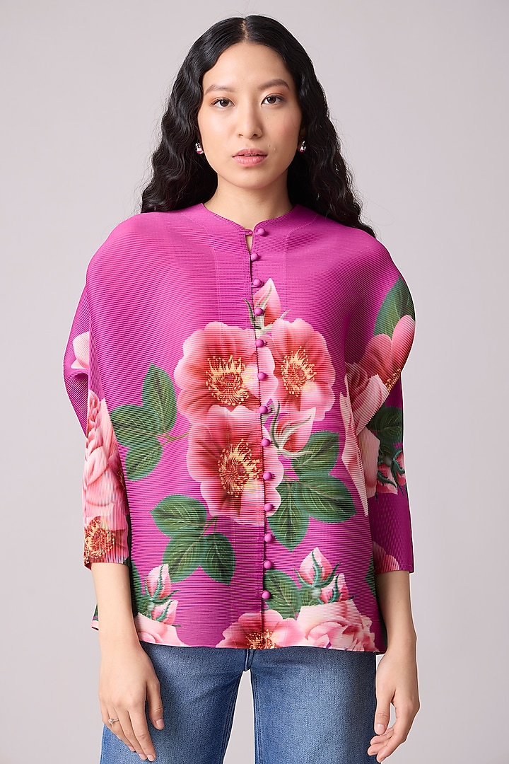 Magenta Polyester Embellished Top by Scarlet Sage