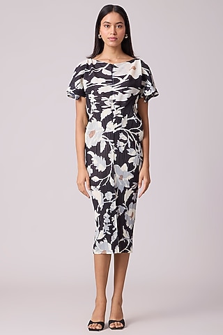 Black Polyester Floral Printed Dress by Scarlet Sage