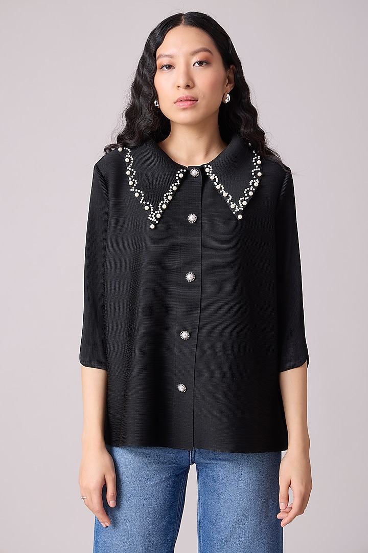 Black Polyester Pearl Embellishment Shirt by Scarlet Sage at Pernia's Pop Up Shop