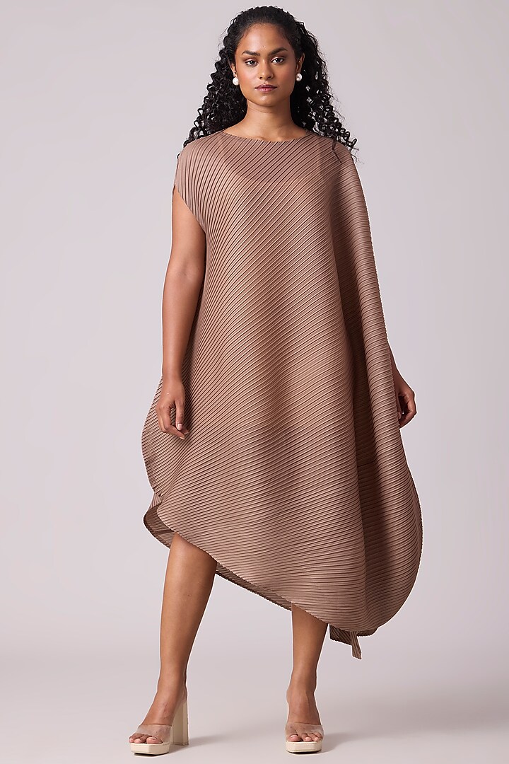 Taupe Polyester Draped Midi Dress by Scarlet Sage