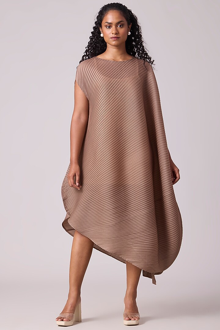 Taupe Polyester Draped Midi Summer Dress by Scarlet Sage at Pernia's Pop Up Shop