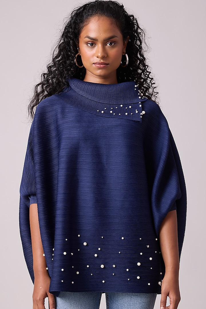 Navy Blue Polyester Pearl Embellished Top by Scarlet Sage