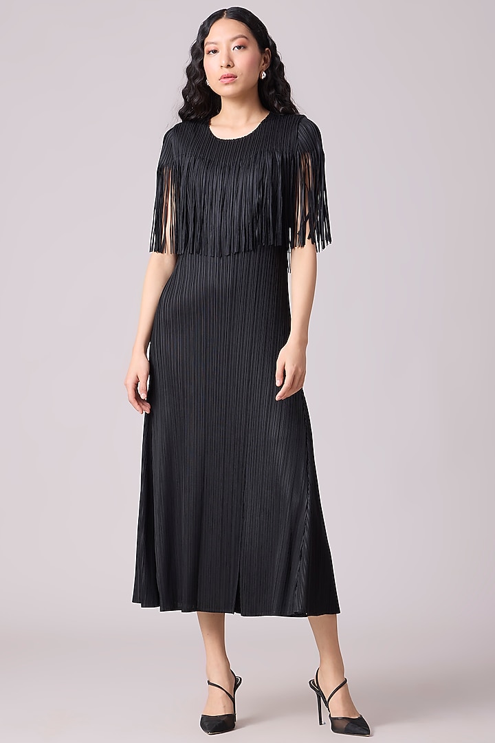 Black Polyester A-Line Midi Dress by Scarlet Sage