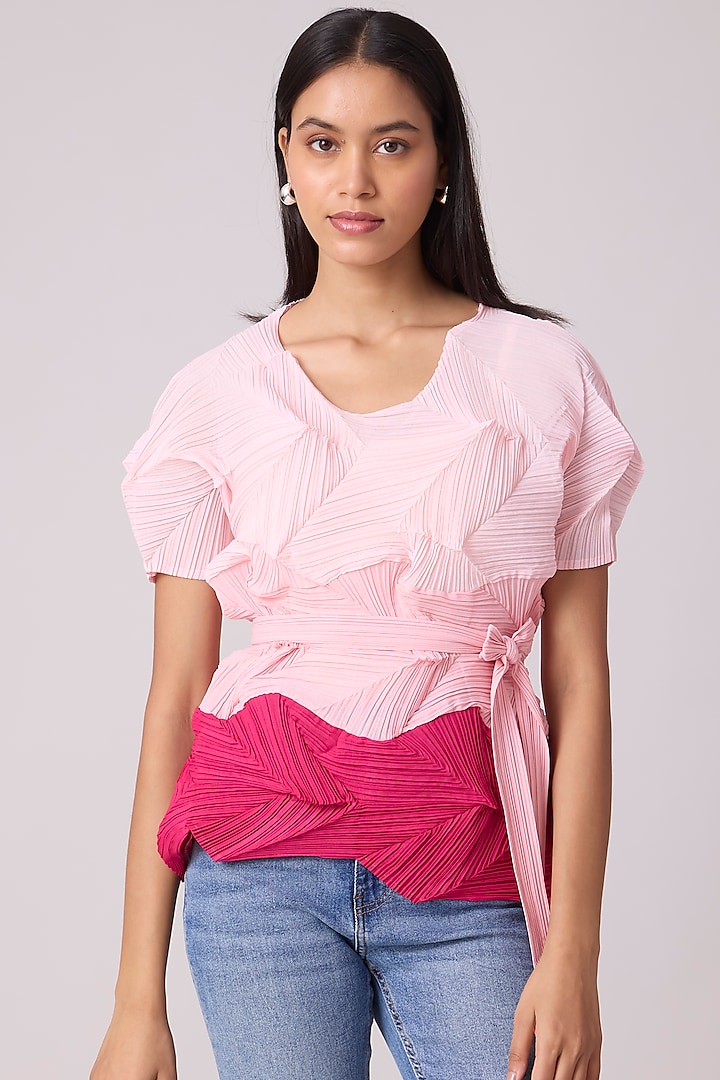 Pink Polyester Color Blocked Top With Belt by Scarlet Sage