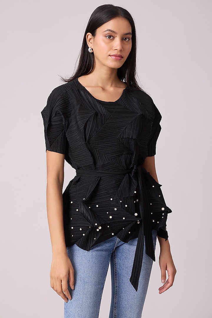 Black Polyester 3D Pearl Top by Scarlet Sage at Pernia's Pop Up Shop