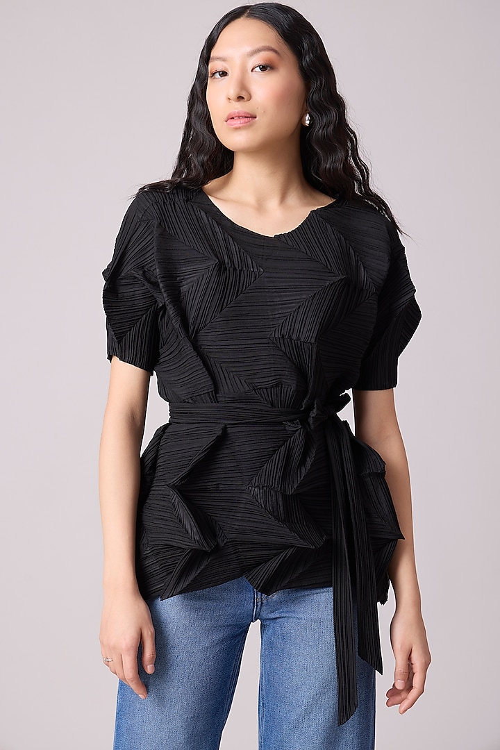 Black Polyester 3D Pleated Top by Scarlet Sage
