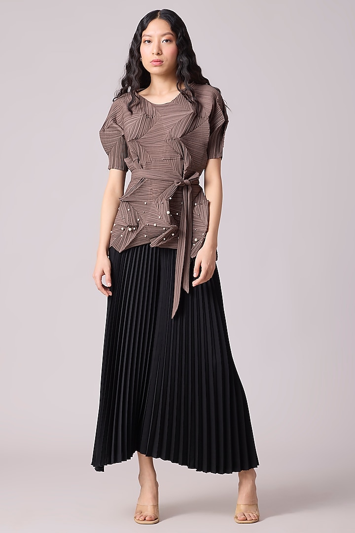 Brown Polyester 3D Pleated Top by Scarlet Sage