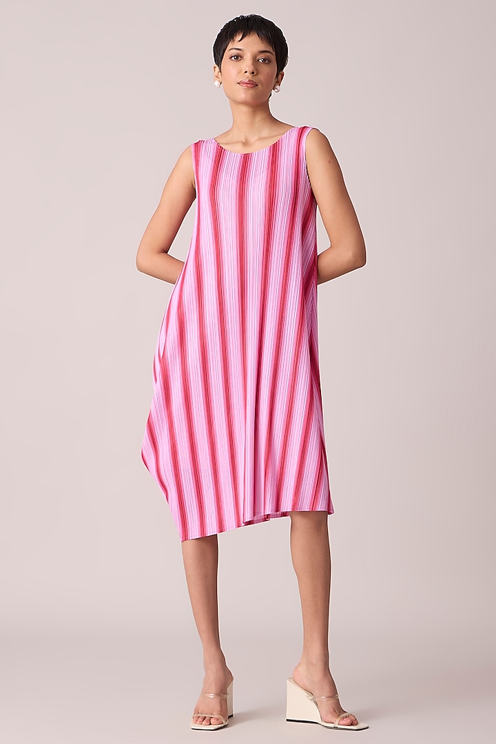 Pink Polyester Striped Knee-Length Dress by Scarlet Sage