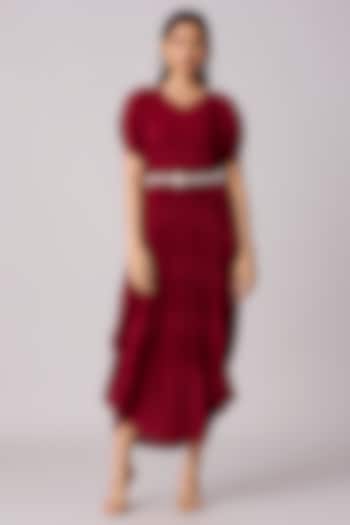 Maroon Polyester Maxi Dress With Belt by Scarlet Sage