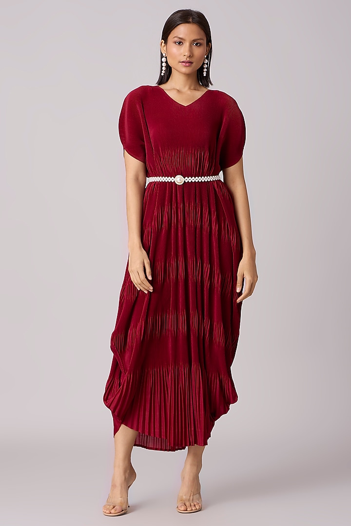 Maroon Polyester Maxi Dress With Belt by Scarlet Sage