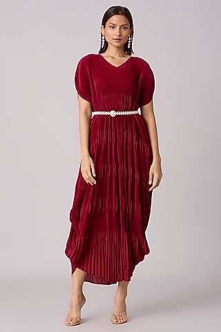 Maroon Polyester Maxi Dress With Belt by Scarlet Sage