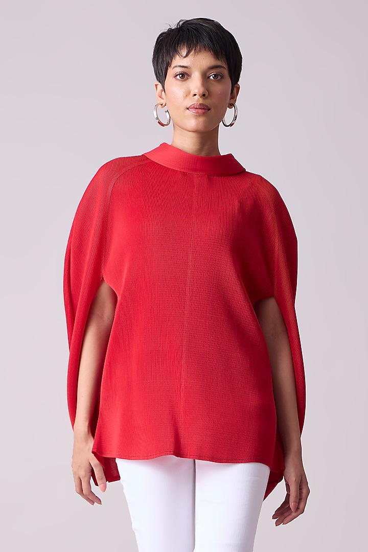 Red Polyester Cape Top by Scarlet Sage