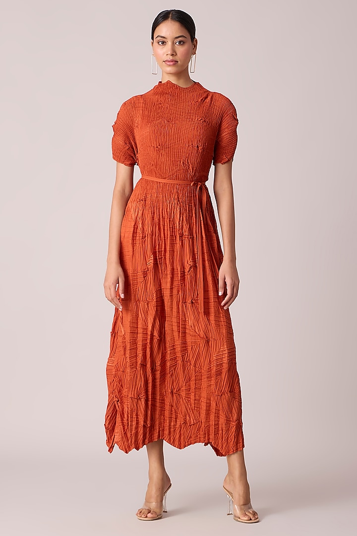 Rust Orange Polyester Midi Dress With Belt by Scarlet Sage