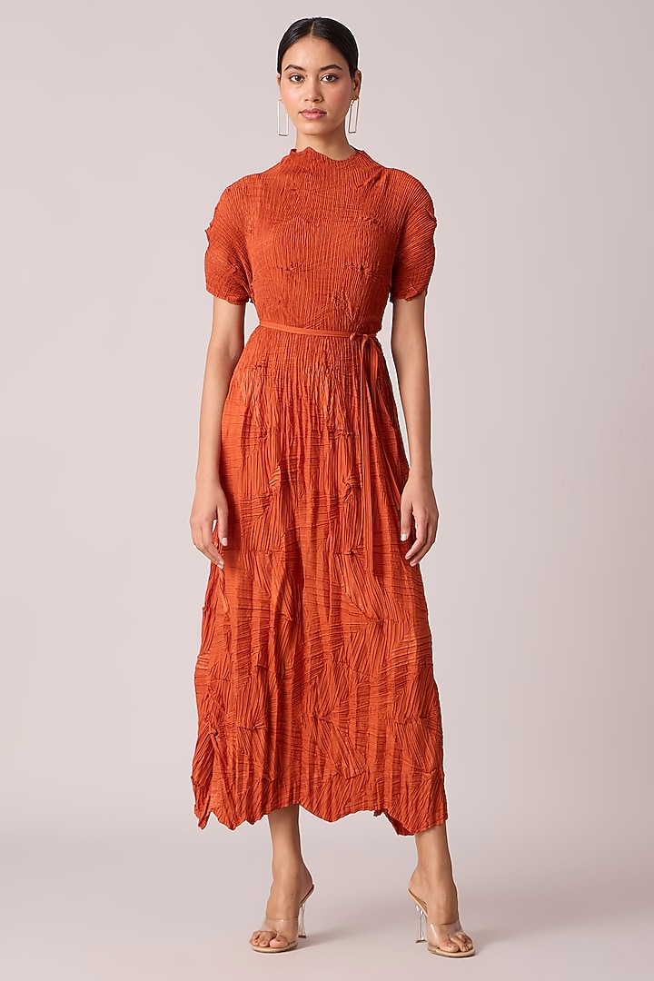 Rust Orange Polyester Midi Summer Dress With Belt by Scarlet Sage at Pernia's Pop Up Shop