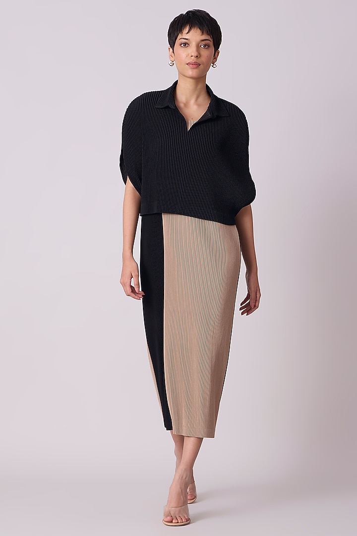 Black & Beige Polyester Midi Jacket Summer Dress by Scarlet Sage at Pernia's Pop Up Shop