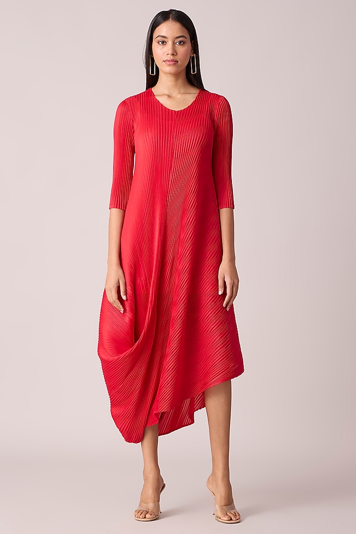 Red Polyester Midi Draped Dress by Scarlet Sage