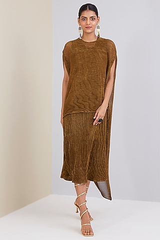 bronze pleated dress Long Pleated Metallic Prom Gown by Nox Anabel Y1548