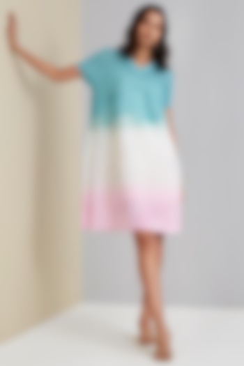 Teal & Pink Ombre Polyester A-line Dress by Scarlet Sage